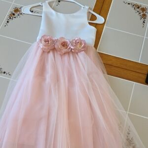 Elegant Pink and White Kids Dress with Floral Accents